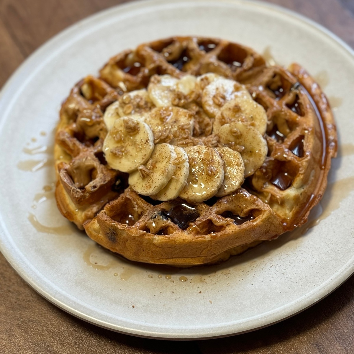 Chocolate Chip Belgian Waffle Topped with Peanut Butter and Banana